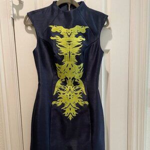 NWT Cameo the Label Navy Sheath Dress with Chartreuse Embroidery Size Small